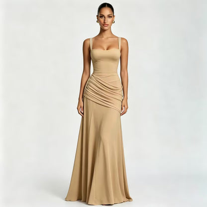 SUPERVALUECHOICE HCSEAA00004 Square Neck Ruched Waist Chiffon Maxi Dress
