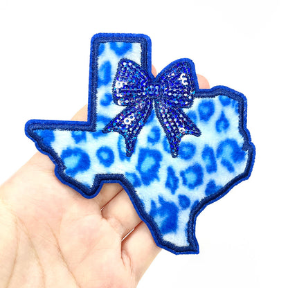 SUPERVALUECHOICE HCSEYSF00004 Faux Fur Leopard Texture Texas State Patch Sparkly Sequin Bow Embroidered Iron On Applique for Southern Style Garment Customization