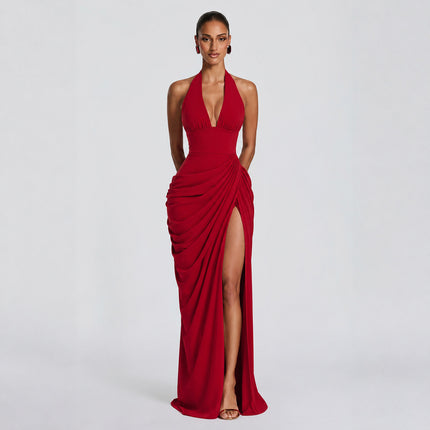 SUPERVALUECHOICE HCSEAA00077 Halter Back Lace-up Asymmetrical Pleats Slit Maxi Dress