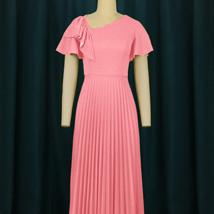 SUPERVALUECHOICE HCSEAA00081 Women's Short Sleeve Asymmetrical Ruffles High Waist Pleated Hem Midi Spring Dress