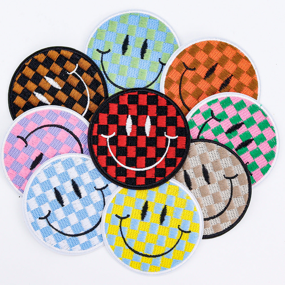 SUPERVALUECHOICE HCSEYSB00113 9Pcs Checkerboard Smiley Face Embroidered Iron On Patches Colorful Clothing DIY Appliques