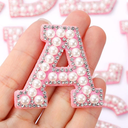 SUPERVALUECHOICE HCSEYH00005 26Pcs Pearl Rhinestone Letter Patches Self Adhesive A-Z, Stick on Pearl Letter Patches for Clothes, Fabric, Backpack (Pink)