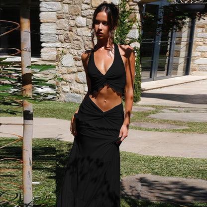 SUPERVALUECHOICE HCSEAA00005 Halter Neck Crop Top & Tiered Maxi Skirt Two-Piece Set