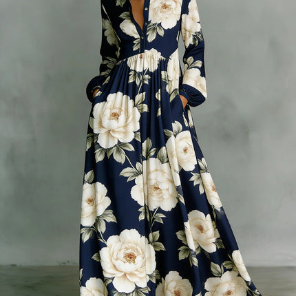 SUPERVALUECHOICE HCSEAA00044 Floral Print Stand Collar Long Sleeve Casual Maxi Dress with Pockets
