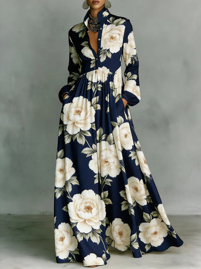 SUPERVALUECHOICE HCSEAA00044 Floral Print Stand Collar Long Sleeve Casual Maxi Dress with Pockets