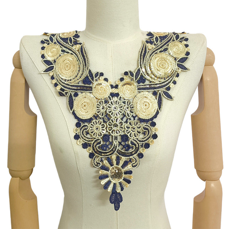 SUPERVALUECHOICE HCSEYB00093 Luxury Sparkly Sequin Floral V-Neck Guipure Lace Applique Rhinestone Accent Neck Trim for Wedding Formal Dress DIY Craft Supply 14.56'' X 17.32''