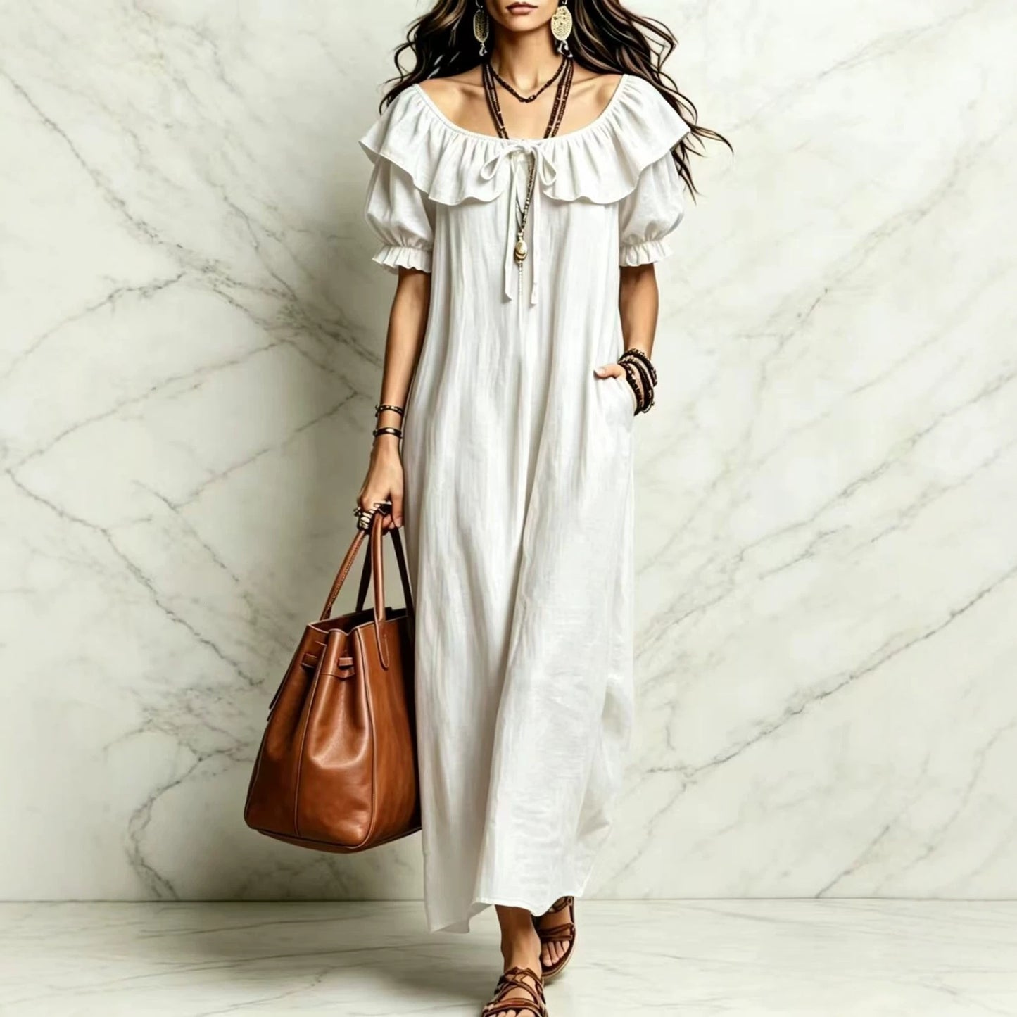 SUPERVALUECHOICE HCSEAA00049 Ruffled Off-the-Shoulder Maxi Dress