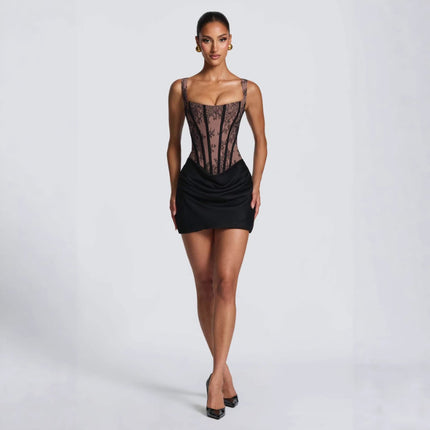 SUPERVALUECHOICE HCSEAC00021 Elegant Spaghetti Strap Lace & Satin Patchwork Ruffle Bodycon Mini Party Cocktail Dress