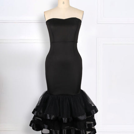 SUPERVALUECHOICE HCSEAB00013 Strapless Mermaid Midi Dress, Ruffled Tulle Hem Satin Party Dress