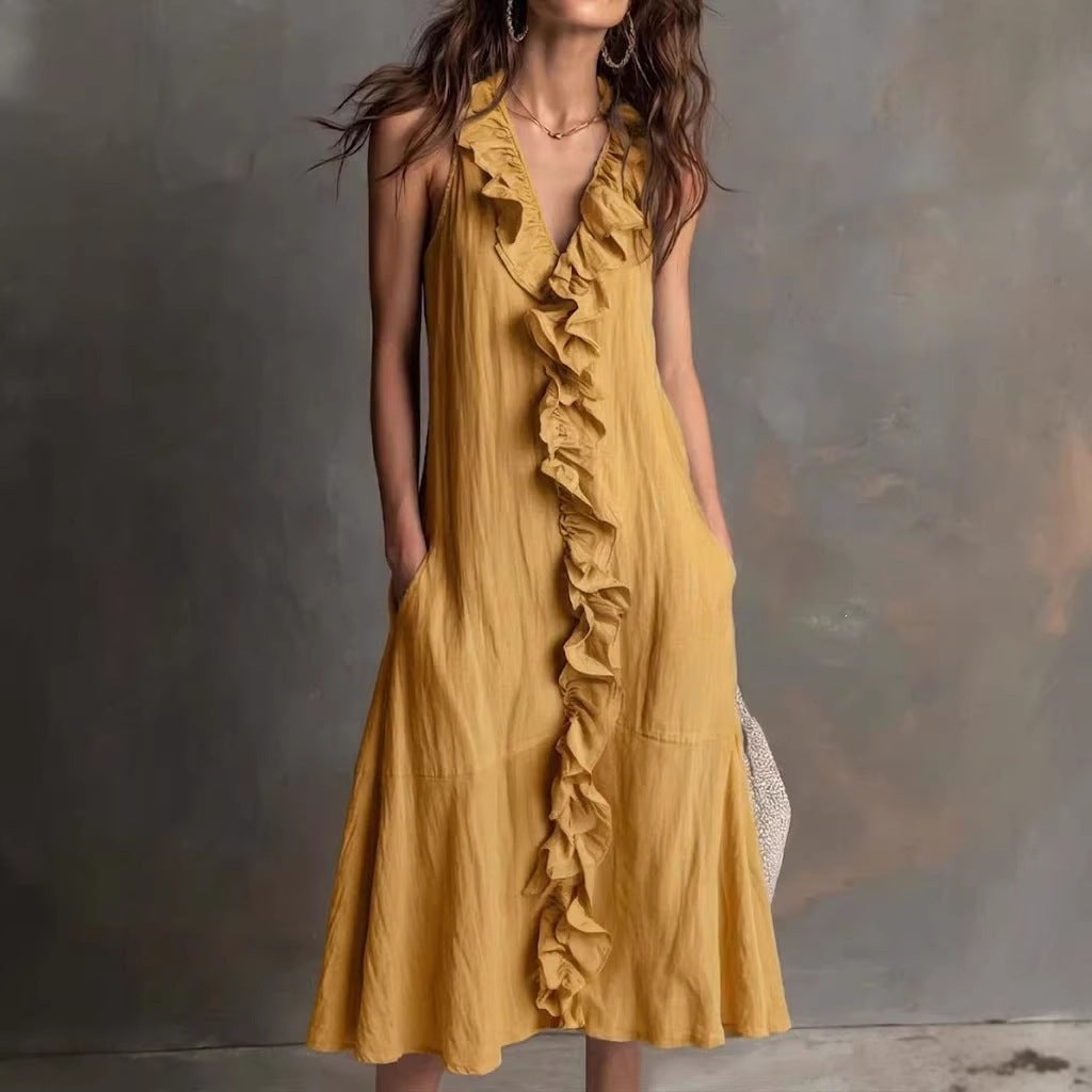 SUPERVALUECHOICE HCSEAA00047 Women's Fashion Solid-Color Sleeveless Cotton-Linen V-Neck Flared Dress with Ruffles