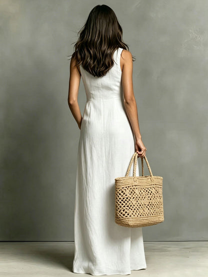 SUPERVALUECHOICE HCSEAA00036 Women's Minimalist  Collared Single-Breasted Sleeveless Maxi Shirt Dress