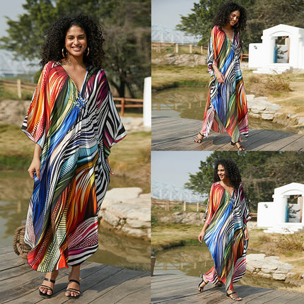 SUPERVALUECHOICE HCSEAD00006 Oversized Kaftan Maxi Dress, V‑Neck Batwing Sleeve Loose Long Caftan, Bohemian Beach Cover‑Up for Women, Plus Size Friendly