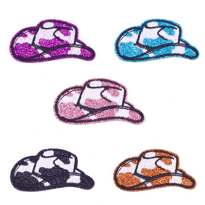 SUPERVALUECHOICE HCSEYSB00114 5Pcs Glitter Cow Print Cowboy Hat Embroidered Iron On Patches Western Clothing DIY Appliques