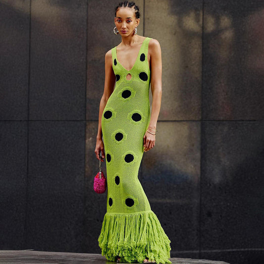 SUPERVALUECHOICE HCSEAB00010 Exquisite Crochet Polka Dot Tassel Maxi Dress