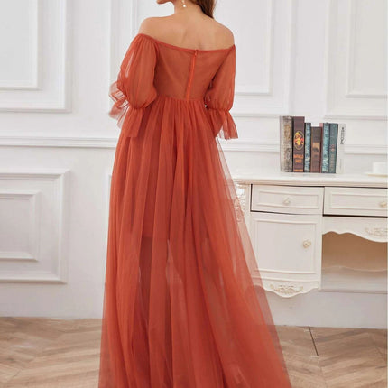 SUPERVALUECHOICE HCSEAA00037 Plus Size Off-Shoulder Tulle Double Skirt Maxi Maternity Dress