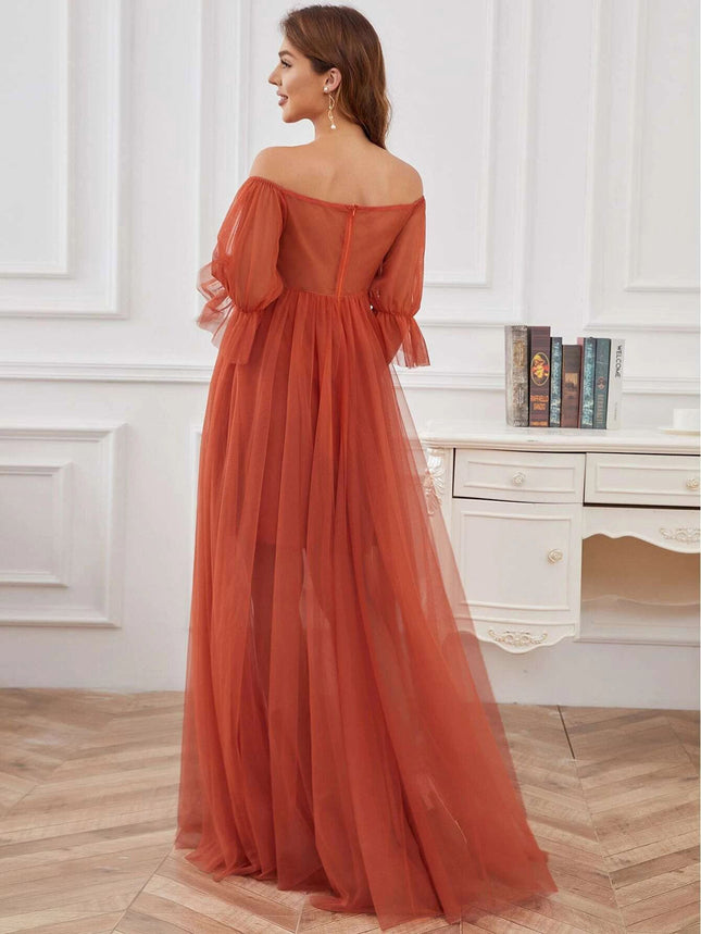 SUPERVALUECHOICE HCSEAA00037 Plus Size Off-Shoulder Tulle Double Skirt Maxi Maternity Dress