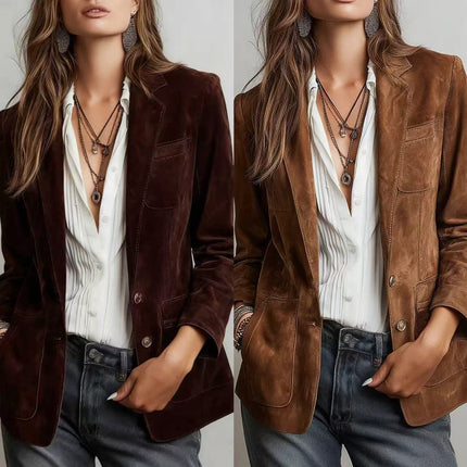 SuperValueChoice HCSECF00001 Suede Blazer Jacket, Casual Long Sleeve Office Outerwear for Women