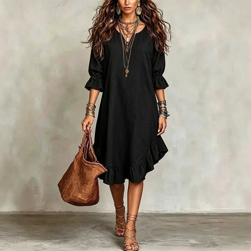 SUPERVALUECHOICE HCSEAA00048 Boho Ruffled Hem Three-Quarter Sleeve Midi Dress