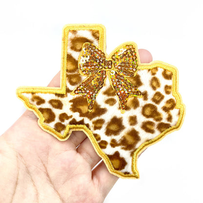 SUPERVALUECHOICE HCSEYSF00004 Faux Fur Leopard Texture Texas State Patch Sparkly Sequin Bow Embroidered Iron On Applique for Southern Style Garment Customization