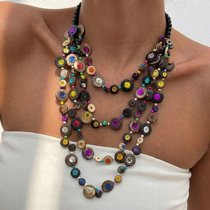 SUPERVALUECHOICE HCSEVA00014 Boho Multi‑Layer Coconut Shell Statement Necklace, Hand‑Painted Colorful Wooden Bead Bib Necklace