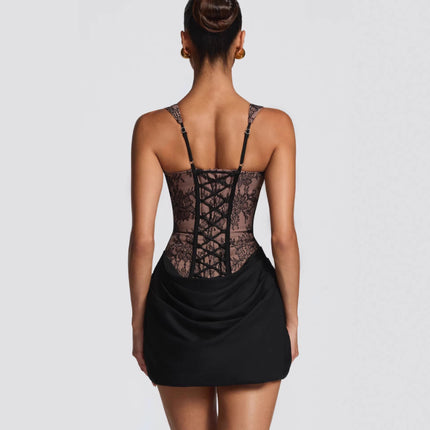 SUPERVALUECHOICE HCSEAC00021 Elegant Spaghetti Strap Lace & Satin Patchwork Ruffle Bodycon Mini Party Cocktail Dress
