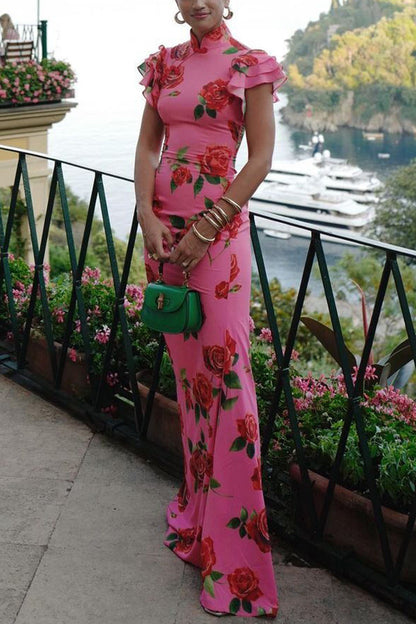 SUPERVALUECHOICE HCSEAC00002 Cheongsam Style Rose Floral Print Tiered Flare Sleeve Stretch Maxi Dress