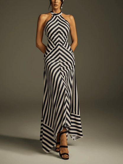 SUPERVALUECHOICE HCSEAA00031 Halter Neck Striped Asymmetrical Maxi Dress