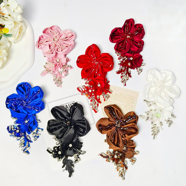 SUPÊR VÃLUE CHOICE  HCSEYD00005 3D White Fabric Flower Rhinestone Bridal Sash Applique Crystal Floral Embellishment Patch for Wedding Dress Gown Belt DIY Craft Decor 3.74"×6.25"