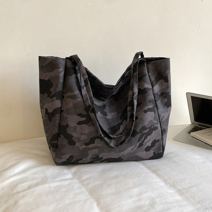 SuperValueChoice HCSEFA00044 Retro Camo Canvas Oversized Handbag Decor Soft Long Handles Casual Handbag
