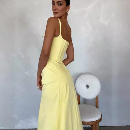 SUPERVALUECHOICE HCSEAA00068 Elegant Summer 2 Piece Outfit Strapless Tube Top High Waist Slit Midi Skirt Matching Set For Women