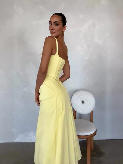 SUPERVALUECHOICE HCSEAA00068 Elegant Summer 2 Piece Outfit Strapless Tube Top High Waist Slit Midi Skirt Matching Set For Women