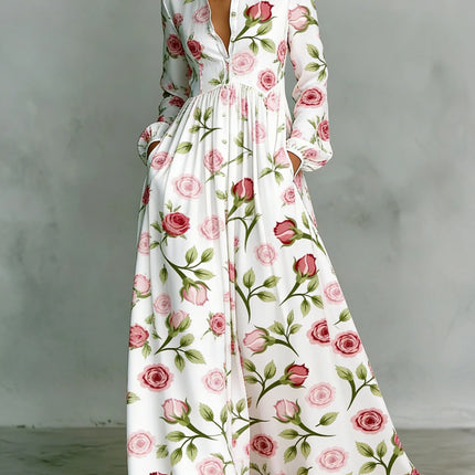 SUPERVALUECHOICE HCSEAA00044 Floral Print Stand Collar Long Sleeve Casual Maxi Dress with Pockets