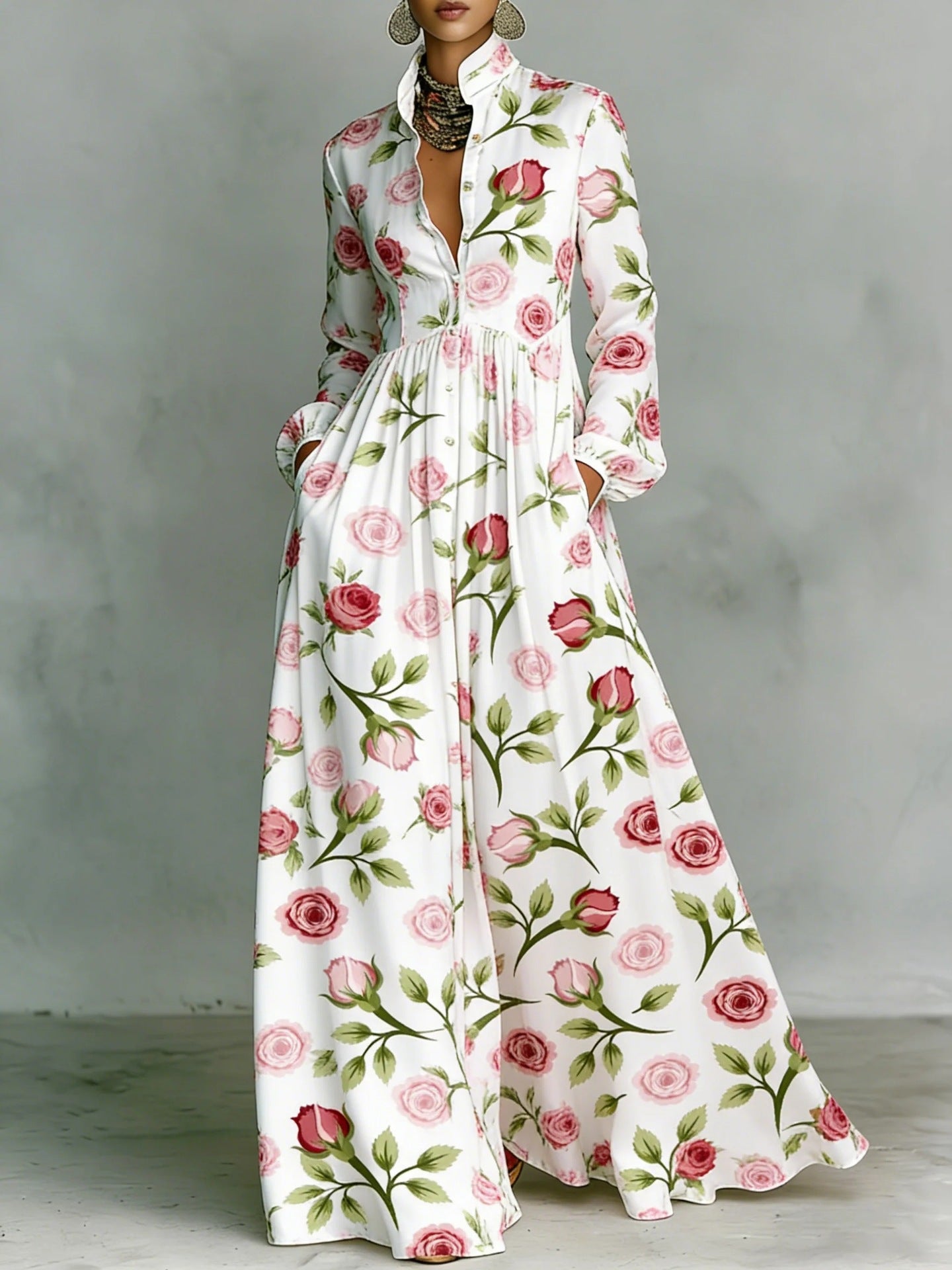 SUPERVALUECHOICE HCSEAA00044 Floral Print Stand Collar Long Sleeve Casual Maxi Dress with Pockets