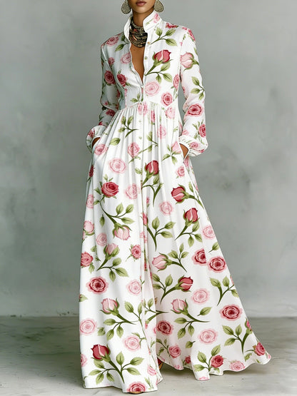 SUPERVALUECHOICE HCSEAA00044 Floral Print Stand Collar Long Sleeve Casual Maxi Dress with Pockets