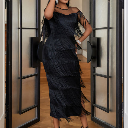 SUPERVALUECHOICE HCSEAA00079 Women's Mesh Illusion Neck Tiered Fringe Midi Dress, Formal Party Bodycon Cocktail Dress