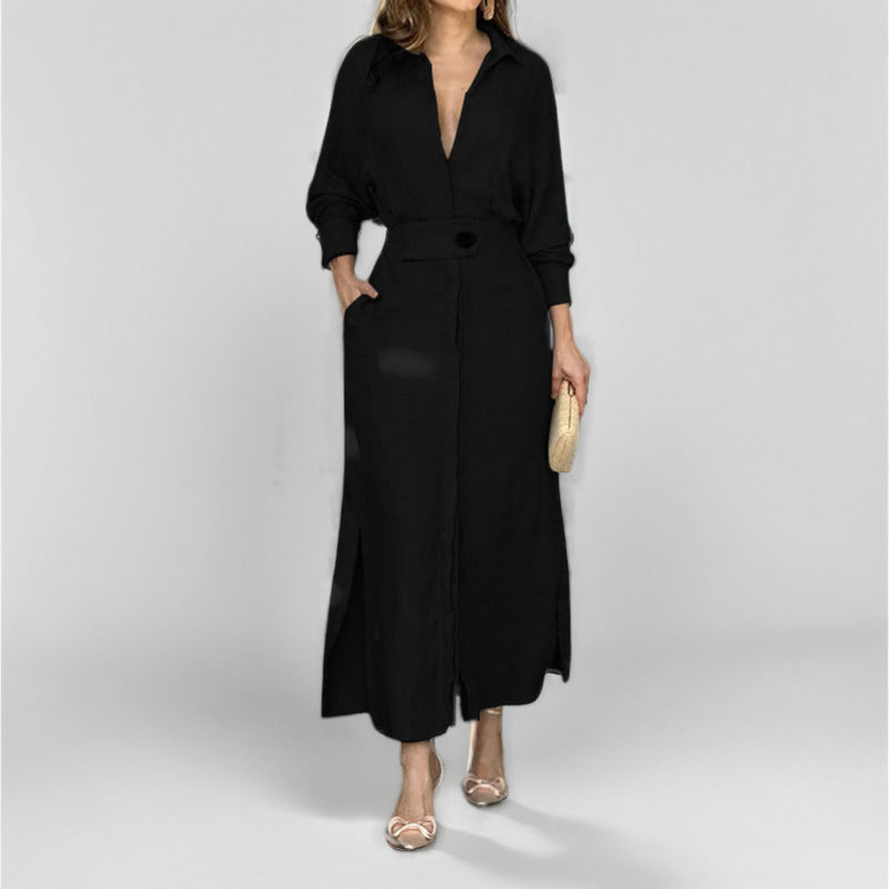 SUPERVALUECHOICE HCSEWO0001 Lace-up Solid Color Waist Long Sleeve Irregular Shirt Dress