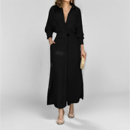 SUPERVALUECHOICE HCSEWO0001 Lace-up Solid Color Waist Long Sleeve Irregular Shirt Dress