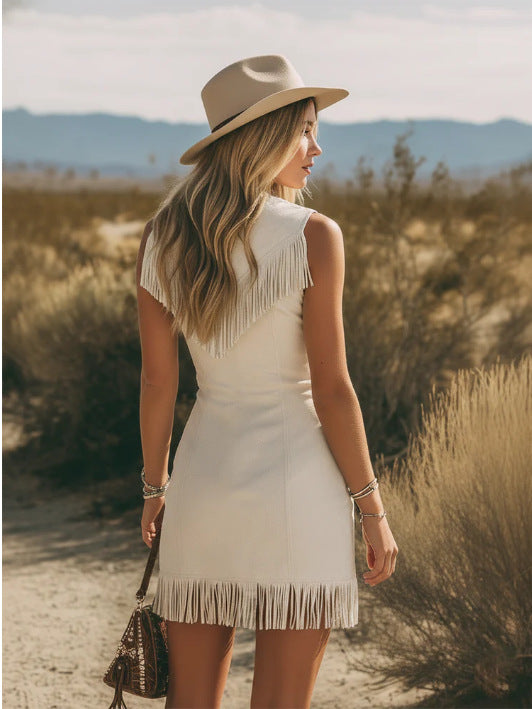 SUPERVALUECHOICE HCSEAA00040 Vintage Western Cowgirl Tassel V-neck Sleeveless Dress