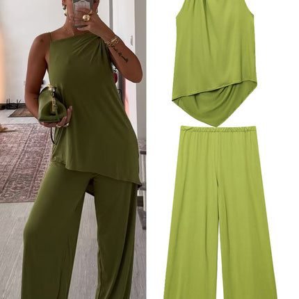 SUPERVALUECHOICE HCSEBB00028  GREEN ASYMMETRIC DRAPED TOP AND MATCHING TROUSERS Co Ord Set