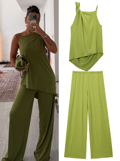 SUPERVALUECHOICE HCSEBB00028  GREEN ASYMMETRIC DRAPED TOP AND MATCHING TROUSERS Co Ord Set