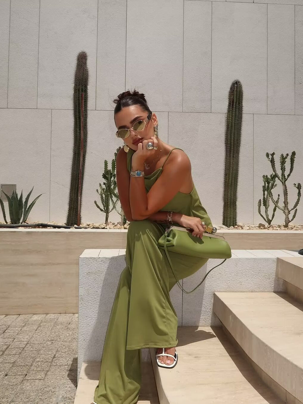 SUPERVALUECHOICE HCSEBB00028  GREEN ASYMMETRIC DRAPED TOP AND MATCHING TROUSERS Co Ord Set