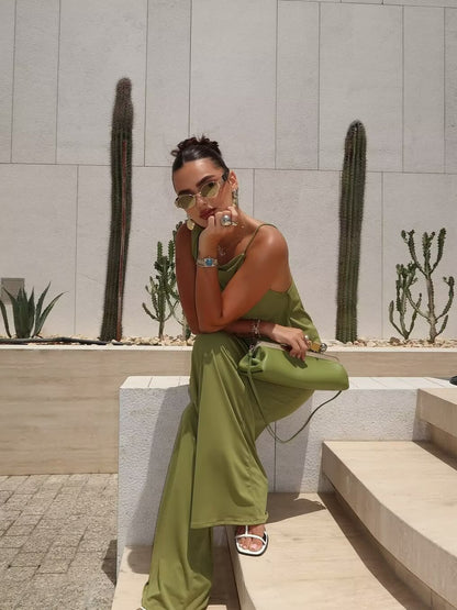 SUPERVALUECHOICE HCSEBB00028  GREEN ASYMMETRIC DRAPED TOP AND MATCHING TROUSERS Co Ord Set