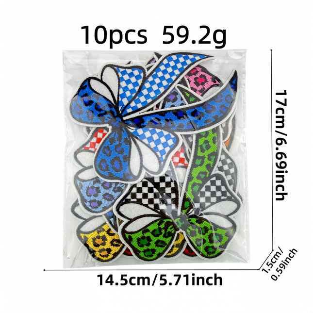 SUPERVALUECHOICE HCSEYSB00009 10 Pcs Multicolor Leopard Checkerboard Bow Iron On Patches Colorful Bowknot Embroidered Appliques for Garment Hat Backpack DIY Decoration