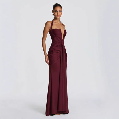 SUPERVALUECHOICE HCSEAB00004 Halter Neck Plunge Ruched Mermaid Maxi Dress - Formal Evening Gown