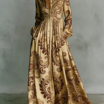 SUPERVALUECHOICE HCSEAA00044 Floral Print Stand Collar Long Sleeve Casual Maxi Dress with Pockets