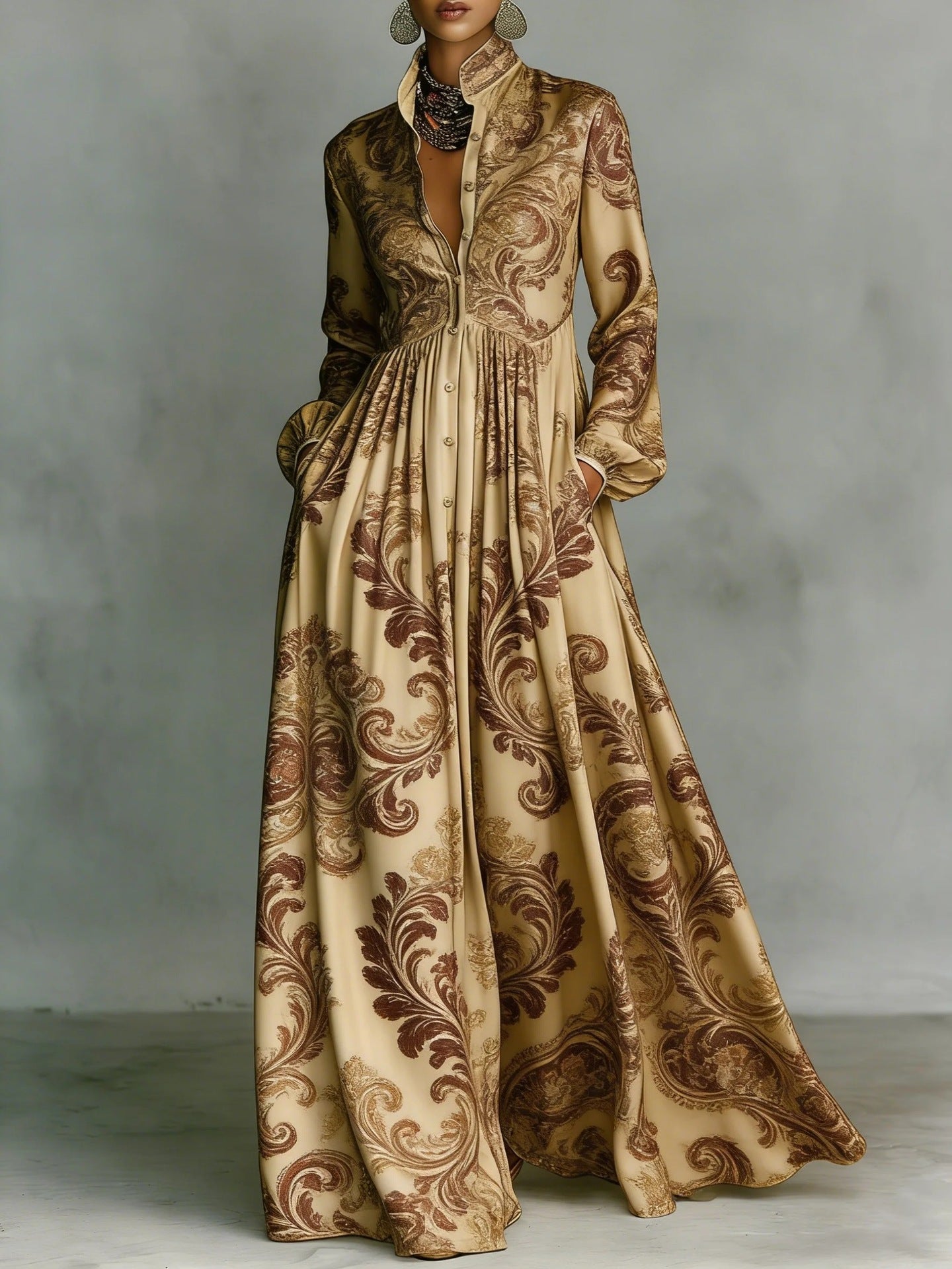 SUPERVALUECHOICE HCSEAA00044 Floral Print Stand Collar Long Sleeve Casual Maxi Dress with Pockets