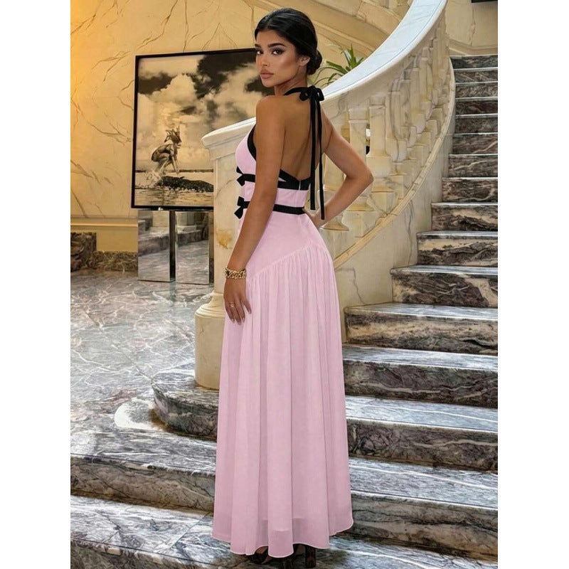 SUPERVALUECHOICE HCSEAA00023 Halter Neck Bow-Contrast Chiffon Maxi Dress