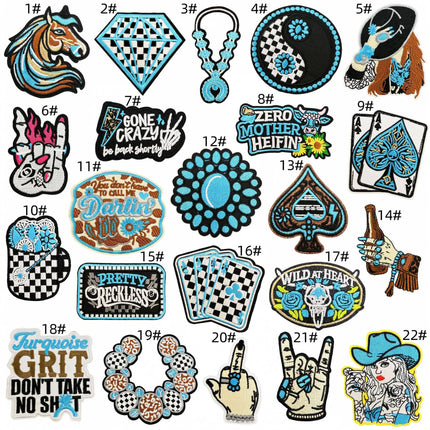 SUPERVALUECHOICE HCSEYSB000029 22Pcs Turquoise Western Cowboy Embroidered Iron On Patches Country Style Clothing DIY Appliques