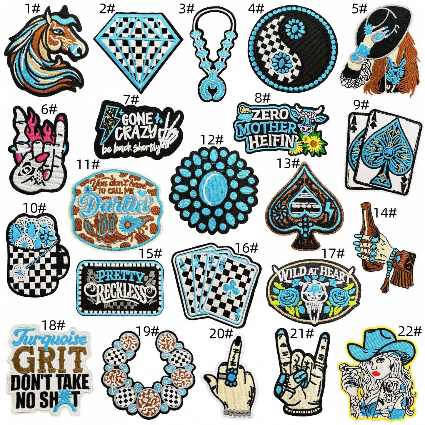 SUPERVALUECHOICE HCSEYSB000029 22Pcs Turquoise Western Cowboy Embroidered Iron On Patches Country Style Clothing DIY Appliques