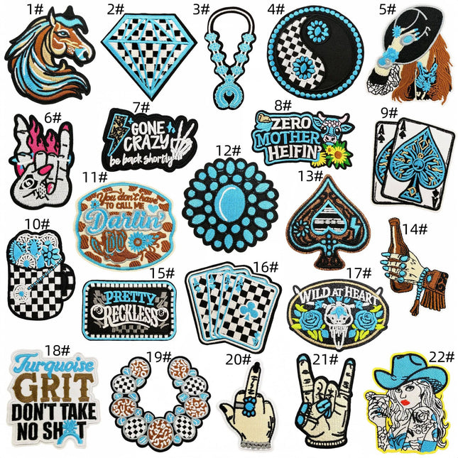 SUPERVALUECHOICE HCSEYSB000029 22Pcs Turquoise Western Cowboy Embroidered Iron On Patches Country Style Clothing DIY Appliques